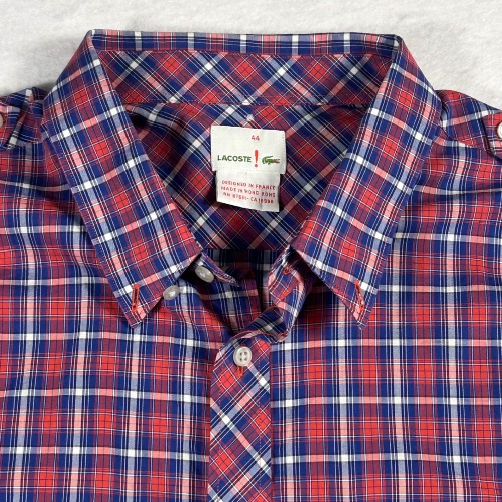 Vintage 90s Lacoste Men XL 44 Plaid Shirt Epaulet Double Pocket Made Hong Kong
